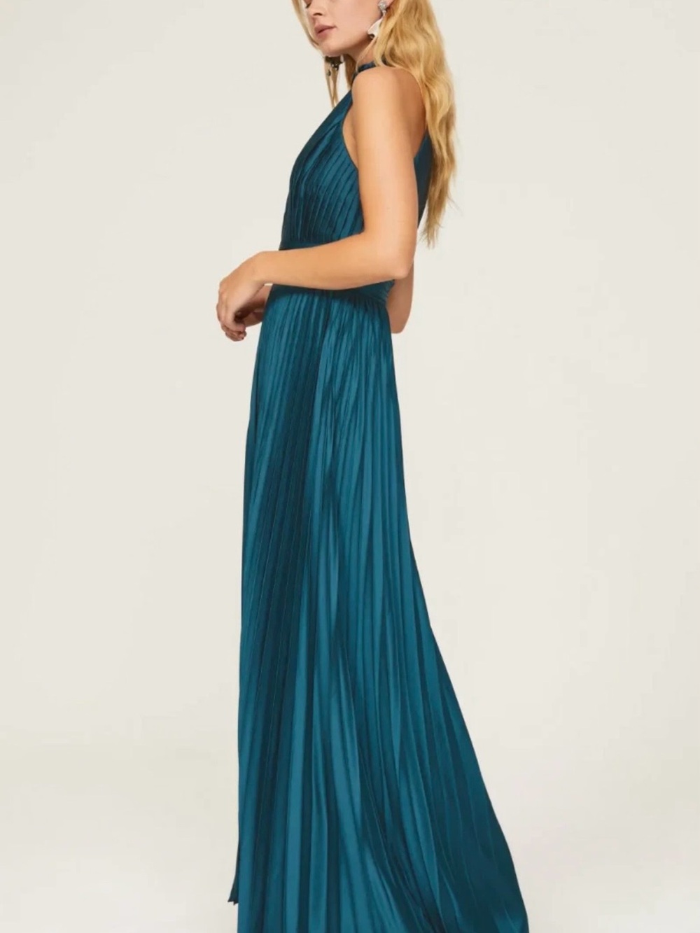Mac Duggal Teal Pleated Halter Maxi Dress